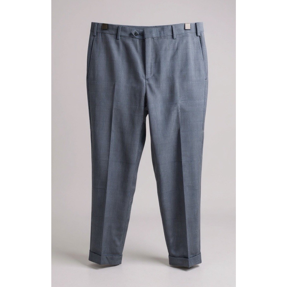 Sartore 100% Fleece Wool Pants Reda Super 130s Blue Plaid Cuffed Trouser Mens 36